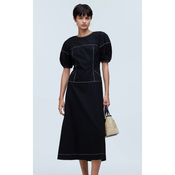Madewell  Puff Sleeve Drop Waist Short Sleeve Midi Dress US Women's 10 - Picture 1 of 8